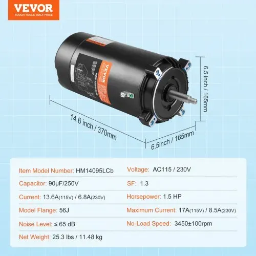 VEVOR 1,5 PS Poolpumpenmotor, 56J Rahmen, 115V(13,6 Ampere)/230V(6,8 Ampere) 3450 U/min, 60Hz, 1.3 Betriebsfaktor, 90μF/250V Kondensator, CCW Rotation Rundflansch Ersatzmotor – Bild 6