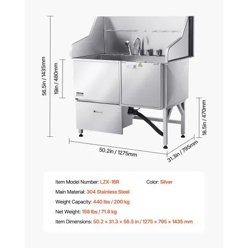 VEVOR 304 Edelstahl-Hundewaschstation, 127 cm große Pflegebadewanne mit rutschfester, flacher Rampe, Schublade, Warm- und Kaltwasserhahn, All-in-One-Badewanne für Pflegesalons, für alle Größen geeignet (rechte Tür) – Bild 6