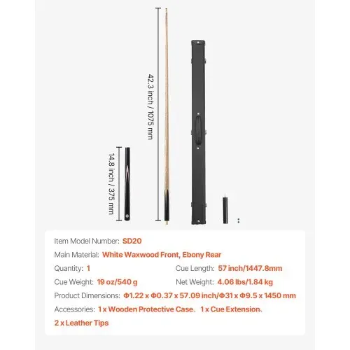 VEVOR Snookerqueue Billardqueue (1447,8 mm / 540 g) mit Verlängerungsstange & Lederspitze & Holzkoffer, Billardstock geeignet für professionellen Billardtisch, Bar, Zuhause, Büro – Bild 6