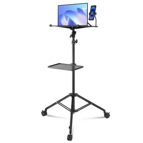 VEVOR Projektorständer mit Rädern Laptopständer-Stativ, höhenverstellbar von 795 bis 1710 mm, Projektor-Stativständer mit 2 Ablagen & Schwanenhals-Telefonhalterung, im Freien/Büro/Studio, zu Hause – Bild 8