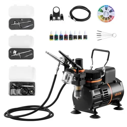 VEVOR Airbrush Set 1/6 PS mit Luftkompressor, 3 Dual Action Airbrush Pistolen mit 3 Düsen (0,3/0,3/0,8 mm) & Schlauch & Acrylfarbe & 2 Ventilatoren, für Kuchendekoration Modellmalerei Nagelkunst VEVOR Airbrush Set 1/6 PS mit Luftkompressor, 3 Dual Action Airbrush Pistolen mit 3 Düsen (0,3/0,3/0,8 mm) & Schlauch & Acrylfarbe & 2 Ventilatoren, für Kuchendekoration Modellmalerei Nagelkunst