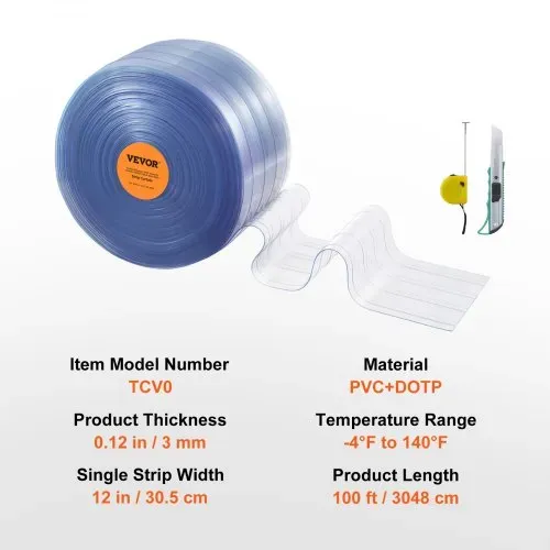 VEVOR Streifenvorhang, 100 Fuß Länge x 12 Zoll Breite x 0,12 Zoll Dicke, durchsichtige, gerippte PVC-Vorhangstreifen-Tür-Großrolle, Kunststoff-Türstreifen für den Eingang von Supermarkt, Garage, Lager – Bild 6