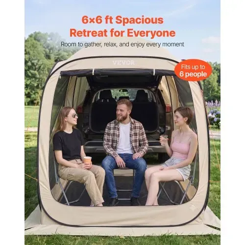 VEVOR Campingzelt, 182,88x182,88 cm, Pop-Up-Zelt für SUV-Heckklappe, tragbares Partyzelt 4-6 Personen mit Tragetasche, Seitenwände aus Netz, für Camping, Garten und Outdoor-Aktivitäten, Beige – Bild 2
