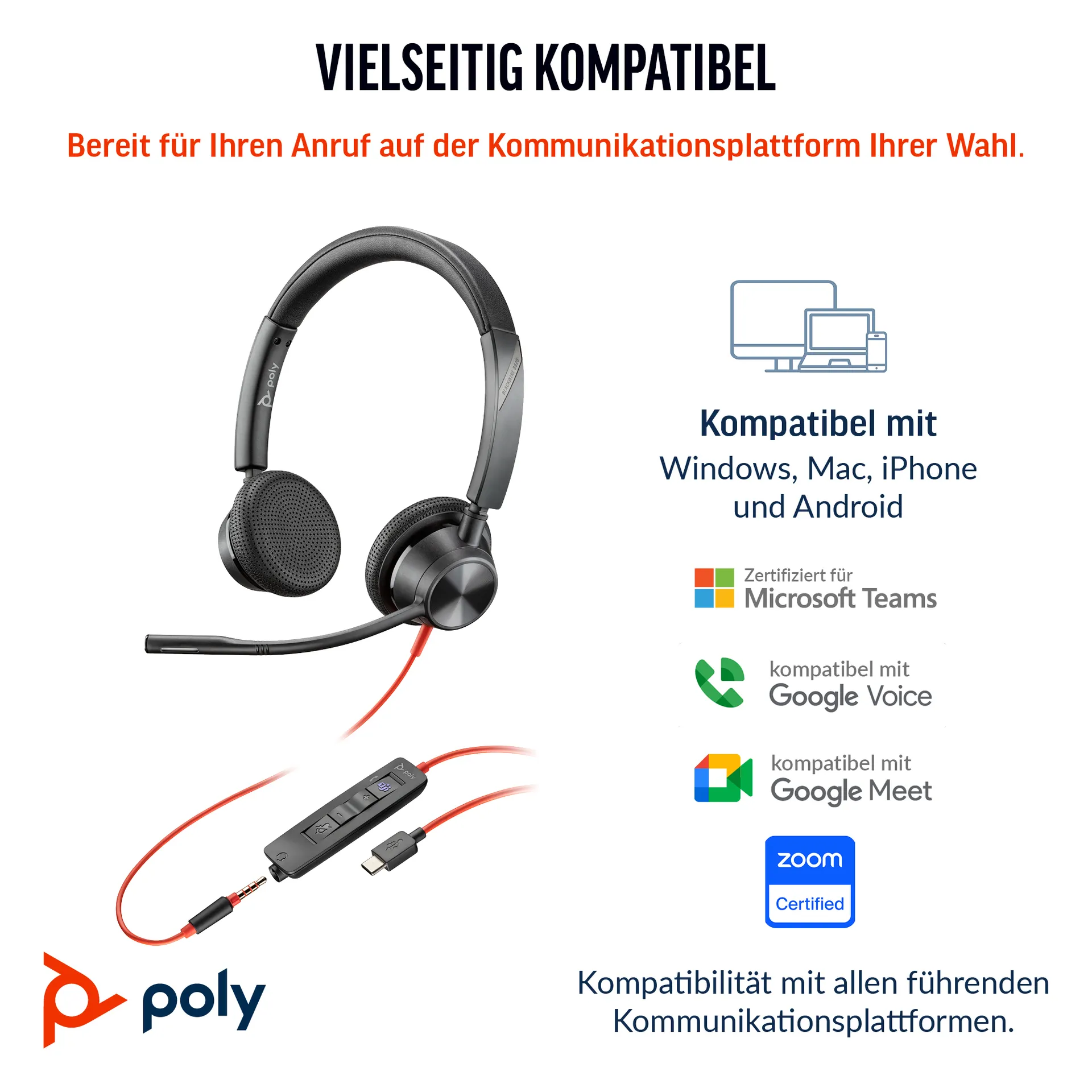 HP Poly Blackwire 3325 USB-C Stereo-Headset, zertifiziert für Microsoft Teams, + 3,5-mm-Stecker + USB-C/A-Adapter – Bild 2