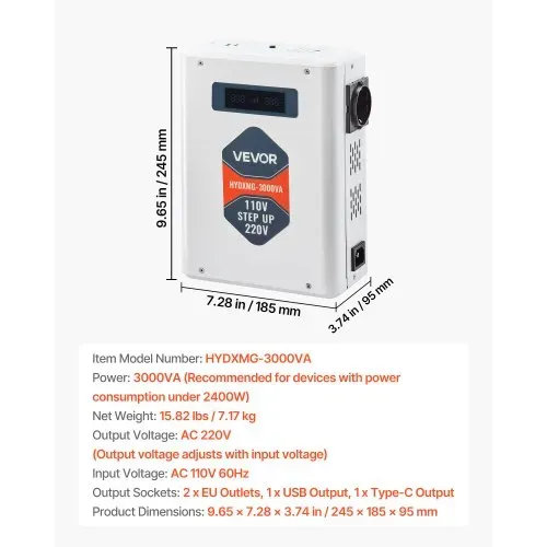 VEVOR Spannungswandler aufwärts, 3000 VA, Hochleistungs-Stromwandler, 110 V auf 220 V Leistungstransformator, mit 2 EU-Steckdosen, USB-Ausgang, LCD-Display, Temperaturschutz, für 220-V-Geräte – Bild 6