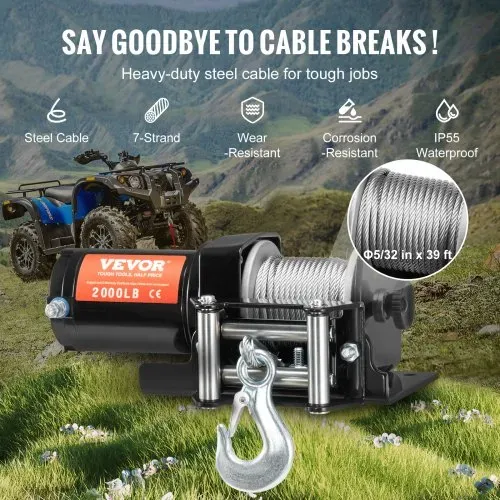 VEVOR Elektrische Seilwinde, 2000 lb Seilzugkapazität, 12 V DC ATV/UTV-Winde mit Φ5/32 in x 39 ft 7-Strang-Stahlkabelrolle, Kabelfernbedienung, IP55 wasserdicht zum Abschleppen von UTV ATV im Gelände – Bild 3