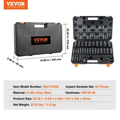 VEVOR Schlagschrauber-Set, 34-teilig, 6-Punkt-12,7-cm-Antrieb, Bit-Ratschen-Werkzeugset-Koffer – Bild 6