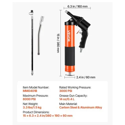VEVOR Fettpresse, 413 bar, Pistolengriff-Schmierpressen-Set mit 0,4 L Fassungsvermögen, inkl. 45,7 cm Flexschlauch, 1 Verlängerungsrohr und 2 Flachdüsen für Kfz und Schifffahrt – Bild 6
