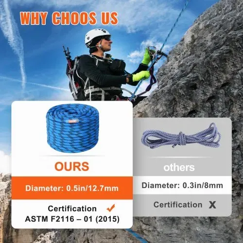 VEVOR 12,7 mm statisches Kletterseil, 60,9 m (200 Fuß) Outdoor-Kletterseil, 30 kN Bruchfestigkeit, Faserseil für Flucht, Abseilen, Brandrettung, Blau – Bild 3