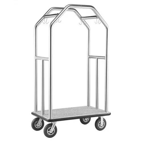 VEVOR Hotelgepäckwagen aus Edelstahl, 680,39kg Belastbarer Kofferwagen mit 8 Zoll Gummirädern, Hotelwagen mit Grauem Teppichboden & Garderobenstange, Gepäckwagen Gewerblich für Hotels Resorts, Silber – Bild 8