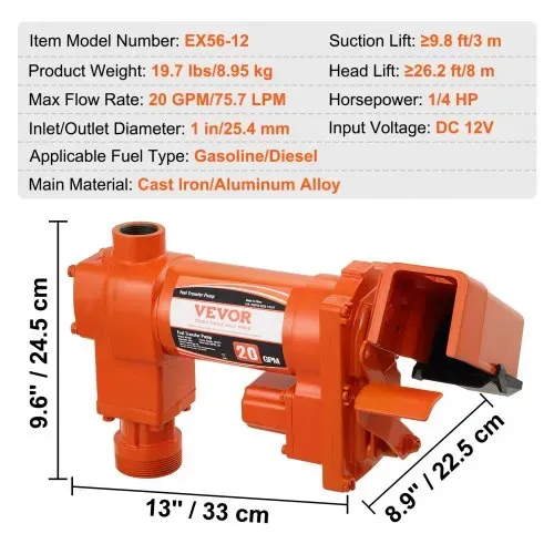 VEVOR Kraftstoff-Transferpumpe, 12 V, 75,7 L/min, 1/4 PS, Absaugpumpe mit hohem Durchfluss & Kraftstoff-Sammelkasten-Design für Benzin, Diesel, Kerosin, Biodiesel, Ethanol- & Methanolmischungen – Bild 6
