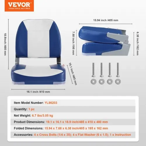 VEVOR Bootssitz 48 cm Bootsstuhl mit niedriger Rückenlehne, Klappbarer Bootsstuhl mit Verdickter Schwammpolsterung und Scharnier, Herunterklappbarer Bootskapitänsstuhl für Fischerboot, Ausflugsboot – Bild 6