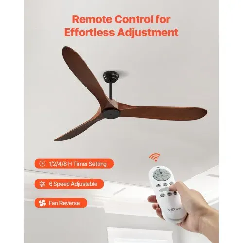 VEVOR 180 cm Deckenventilator ohne Licht, 6-Gang-Fernbedienung, 3 Holzflügel, umkehrbarer Gleichstrommotor, Außenventilator für Schlafzimmer, Wohnzimmer, Terrasse, Innen-/Außenbereich, Walnuss – Bild 4