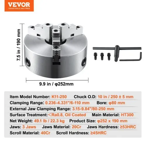 VEVOR Drehbankfutter K11-250 250mm Dreibackenfutter HT300-Material 3 Backenfutter Spannbereich 6–250mm 3-Backen, 20Cr, ≥53HRC φ80mm Bohrung Spannfutter Drechselbank Selbstzentrierend – Bild 6
