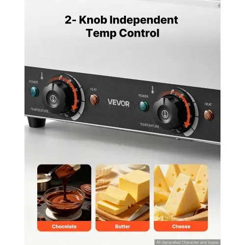 VEVOR Schokoladenschmelzmaschine 2 Abnehmbare Behälter Edelstahl 800+800 W, für Bäckereien, Restaurants, Separate Temperaturregelung je Behälter, 30–85 °C Trockenlaufschutz, Schokoladentempiermaschine – Bild 3
