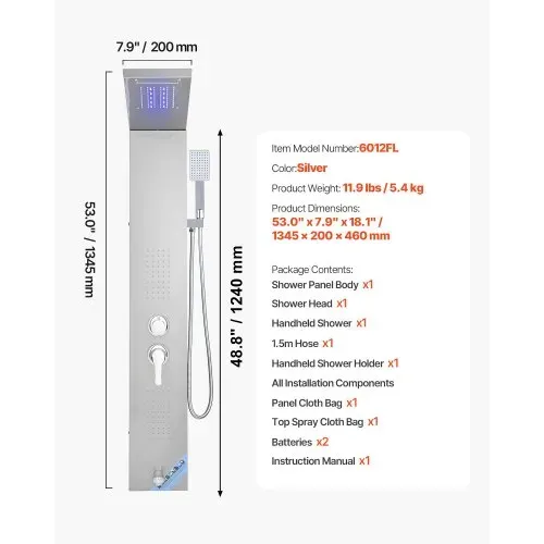 VEVOR Duschpaneel-Turmsystem (5 Modi) mit Regenwasserfall-Duschkopf & LED, (1345 mm) Duschsäule aus gebürstetem Edelstahl, Regenmassagesystem zur Wandmontage, mit Handbrause & Wannenauslauf – Bild 6