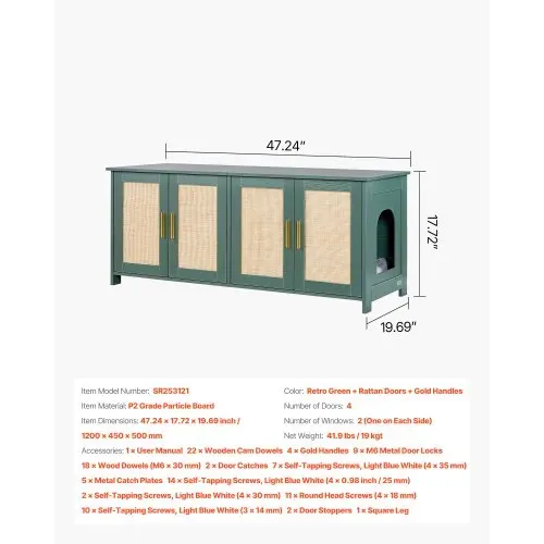 VEVOR Katzenschrank, 1200x450x500 mm, Katzentoilette mit 4 Rattantüren & 2 Eingängen, Katzenklo Schrank für den Innenbereich, Katzenhaus passend für die meisten Katzentoiletten, grün – Bild 6