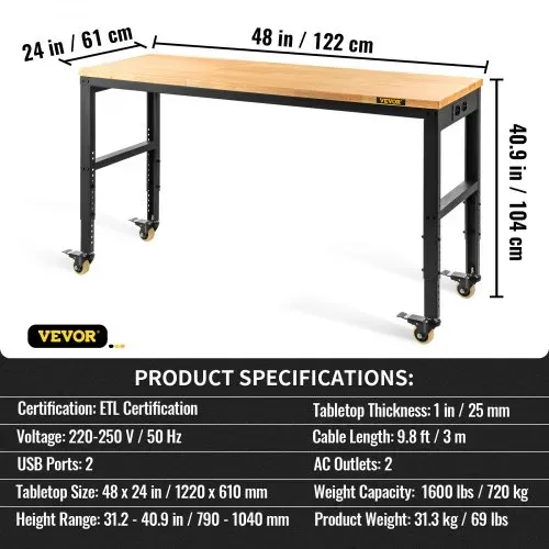 VEVOR Werkbank, höhenverstellbar, 122 cm L x 61 cm B x 104 cm H, Garagentisch mit 79 cm – 104 cm Höhe, 725,7 kg Kapazität, mit Steckdosen und Hartholzplatte und Metallrahmen & Drehgelenk Rolle – Bild 6