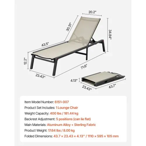 VEVOR Liegestuhl faltbar, Tragkraft 180 kg, Gartenliege mit 5 verstellbarer Rücklehne, Sonnenliege aus Aluminium, Strandliege, Relaxliege, Gartenmöbel für Strand, Hof, Camping und Terrasse – Bild 6