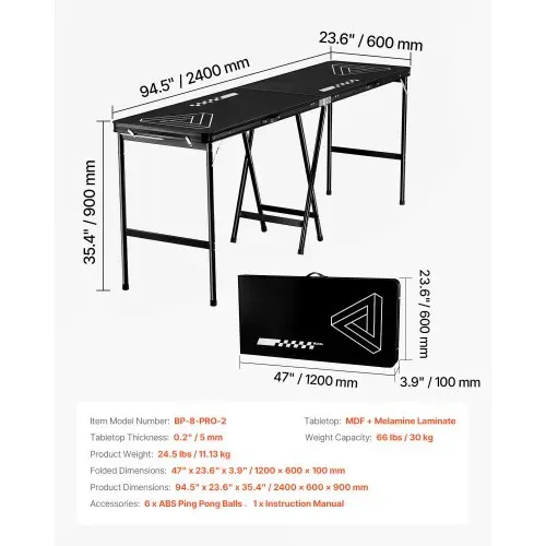 VEVOR Klappbarer Bierpong-Tisch 2,4 x 0,6 x 0,9 m mit 6 Tischtennisbällen, Faltbarer Beer-Pong-Tisch Tragbar mit Tragegriffen, Ideal für Büro, Grillpartys, Reisen und Camping, Schwarz – Bild 6