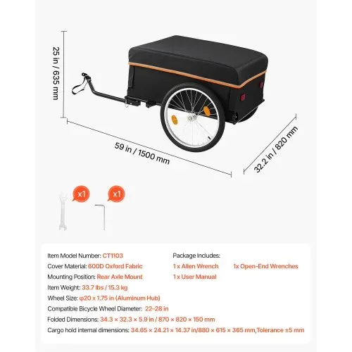VEVOR Fahrradanhänger Lastenanhänger Faltbarer Transportanhänger 59 kg, Kohlenstoffstahl & 600D Oxford, Mit Regenschutz Deichsel & 4 Reflektoren, Für 22-28 Zoll Räder, Fahrradwagen für Transport – Bild 6