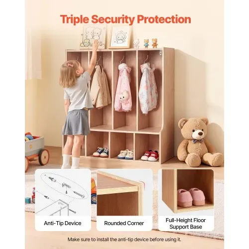 VEVOR Offener Kinderkleiderschrank aus Sperrholz, Kindergarderobe mit 8 Haken & 8 Fächern (4 Groß + 4 Klein), Garderobenregal & Aufbewahrungsregal für Kinderzimmer Zuhause Kindergarten Kita – Bild 4