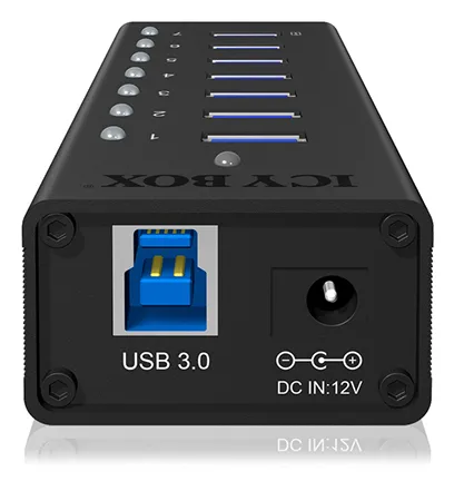 ICY BOX IB-AC618, 7 Port USB 3.2 Gen 1 Hub mit 1x Tablettladeport, Vollmetall, mit 12V 3A Netzteil, schwarz – Bild 4