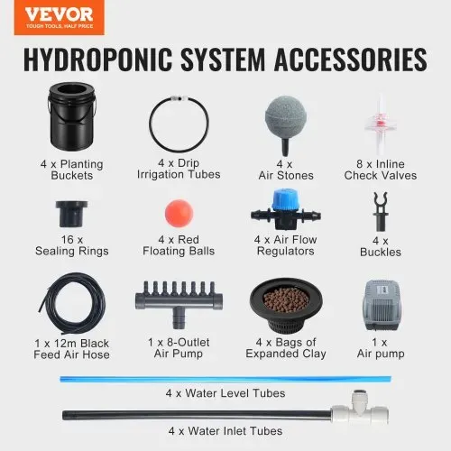 VEVOR DWC Hydroponics Grow System, Hydroponisches Anbausystem mit Top-Drip-Kit, Deep Water Culture 5-Gallonen-4-Eimer, mit Luftpumpe, Luftsteinen und Wasserstandsanzeige für Blattgemüse – Bild 6