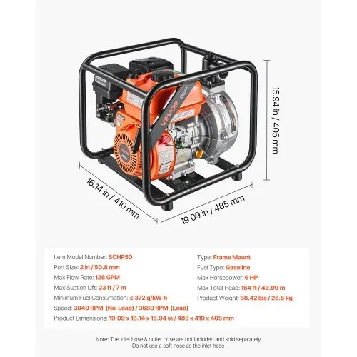 VEVOR Benzin Wasserpumpe 49,9 m Förderhöhe, Schmutzwasserpumpe 6 PS, Tragbare Motorpumpe, Benzinmotor mit 762 cm Auslassschlauch, Gusseisenlaufrad, Gartenpumpe für Bewässerung, Teiche & Pools – Bild 6