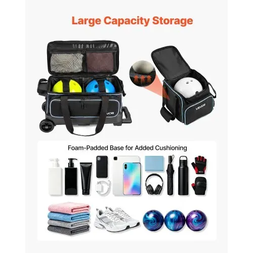 VEVOR 1 Bowlingtasche mit Rollen + 1 Bowlingtasche (Mini) für 2+1 Kugeln aus 600D Oxford Blau Schwarz, für Schuhe bis US-Größe 16, mit Teleskopgriff (bis zu 1016 mm) und Doppellagigen Ablagen – Bild 4