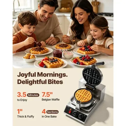 VEVOR Rundes Waffeleisen Waffel 1300 W, Kontaktgrill Belgische Waffeleisen 4 Stk. Edelstahl Waffeln Automat inkl. Lebensmittelclip & Bürsten & Verbrühungssicherer Griff, für Cafés, Restaurant usw. – Bild 2