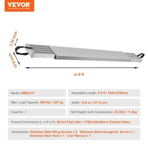 VEVOR Teleskop-Arbeitsplanke aus Aluminium, 1,8–2,7 m, 227 kg Tragkraft, 31,8 cm breites Aluminium-Gerüstbrett, Verlängerungs-Bühnenbrett mit rutschfester Plattform, Gerüstleiter-Zubehör – Bild 6