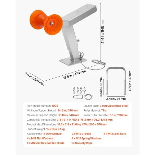 VEVOR Bootsanhänger-Sitz mit Rolle, 365–548 mm höhenverstellbar, Windstand mit U-Bolzen für 50,8–76,2 mm B x 76,2–101,6 mm H Anhängerkupplung, passend für Jetski, Segelboot, Schnellboot – Bild 6