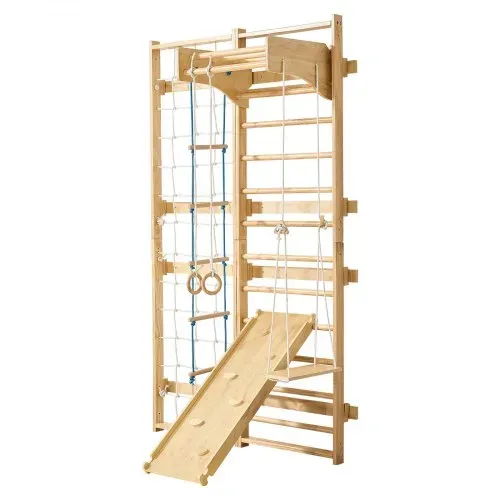 VEVOR schwedische Leiterwand 8 in 1 12-stufiges Kletterspielzeug aus Massivholz 100 kg belastbares Indoor-Klettergerüst mit Kletterbrett Turnringen Klimmzugstange Wandleiter Rutsche Schaukel – Bild 10