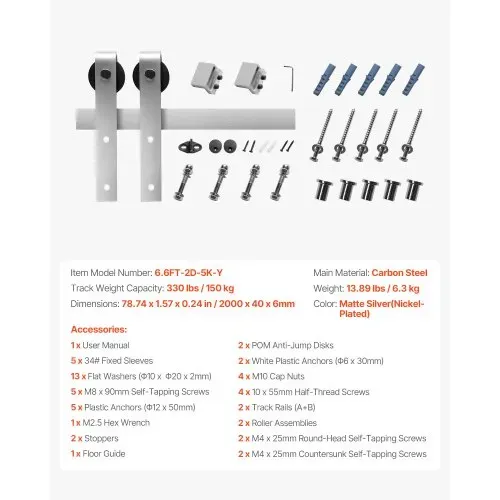 VEVOR Schiebetürsystem 2 m Laufschiene, Schiebetürbeschlag, Tragkraft 150 kg, kompatibel mit 91 bis 101,6 cm Breite & 34,92 mm bis 44,45 mm Dicke, langlebige Schiene & J-förmige Rolle – Bild 6
