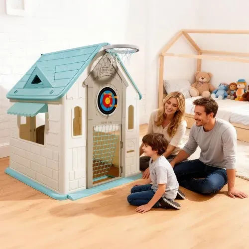VEVOR Outdoor Spielhaus Outdoor 5 in 1 Gartenhaus (Rollenspielplatz/Basketball/Darts/Fußball/ Ringwurfspiel) Kinderspielhaus mit praktischer Tür & Rutschen-Set & Fenster für Kleinkinder ab 2 Jahren – Bild 7