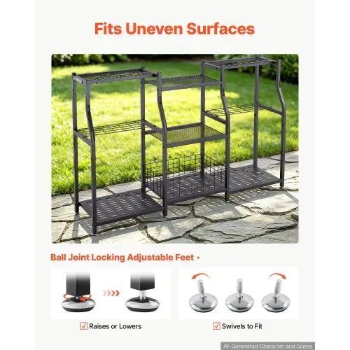 VEVOR Gartengeräte Ständer 1235x290x795mm 3-Stöckiger Gerätehalter Schwarz, Aufbewahrungsregal für Garage Schuppen Garten, Organizer aus Stahl für Besen Mopp Rechen, mit Ablagefächern & Nivellierfüßen – Bild 3