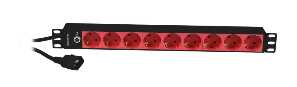 ALLNET 19"zbh. Steckdosenleiste, 9xDosen(CEE7)->Kaltgeräte(Stecker,C14), mit 10A Überlastungsschutz, Schwarz/Rot, Synergy 21, – Bild 4