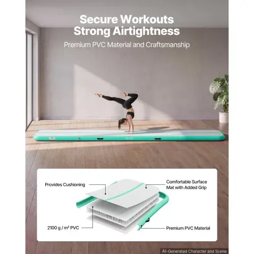 VEVOR Aufblasbare Gymnastikmatte 500x100x10 cm Airtrack-Turnmatte für Training, Wettkampfsport & Yoga, mit Rutschfester Oberfläche, 600-W-Elektroluftpumpe, Reparaturflicken, Düsen & Tasche, Mintgrün – Bild 2
