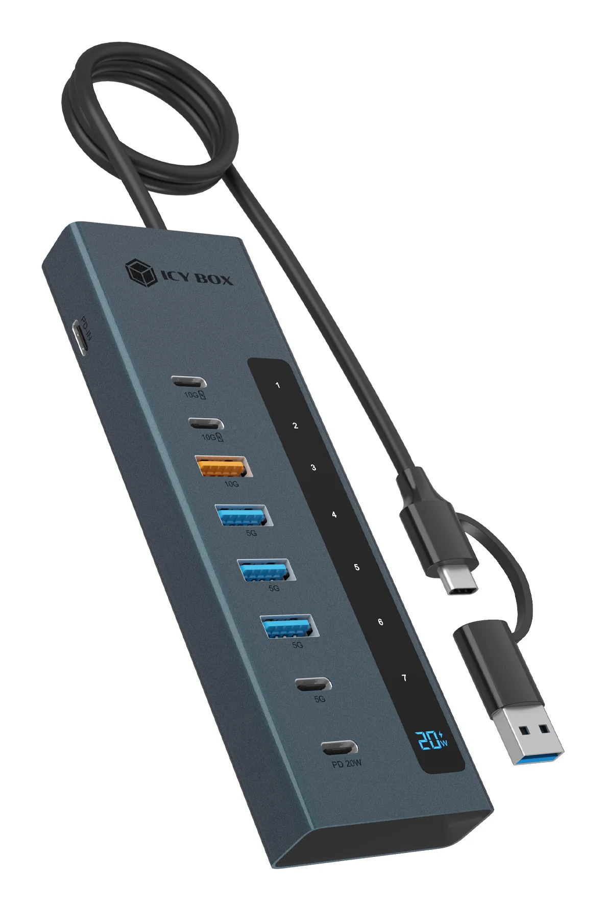 ICY BOX IB-HUB1743-CPD, 9-in-1 HUB, 7x HUB Port (3C+ 4A) mit 1x USB-C für Laden (PD 20W mit display) & 1x PD 100W (upstream to Host) USB 3.2 Gen2, 10 Gbit/s ICY BOX IB-HUB1743-CPD, 9-in-1 HUB, 7x HUB Port (3C+ 4A) mit 1x USB-C für Laden (PD 20W mit display) & 1x PD 100W (upstream to Host) USB 3.2 Gen2, 10 Gbit/s