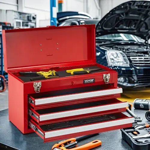 VEVOR Werkzeugkiste 520 x 218 x 304 mm, Werkzeugkasten mit 3 Schubladen, Werkzeugkoffer mit EVA-Einlagen, kugelgelagerten Schubladenverriegelungen & Pulverbeschichtung, Werkzeug-Organizer, rot – Bild 7