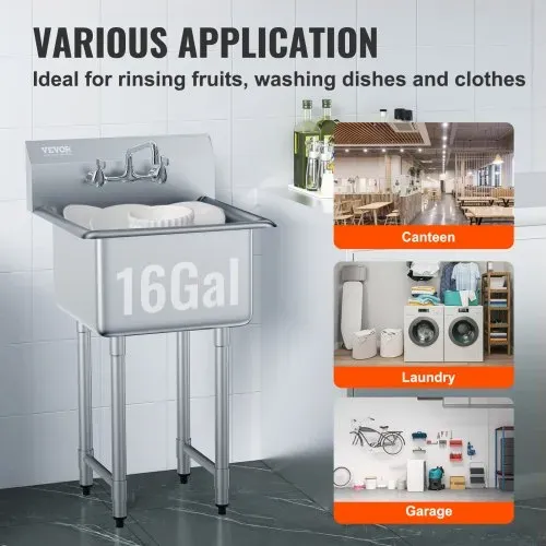 VEVOR Edelstahl Spültisch Gewerbliche Spülbecken 533,4x457x1041mm Wasserhahn – Bild 5