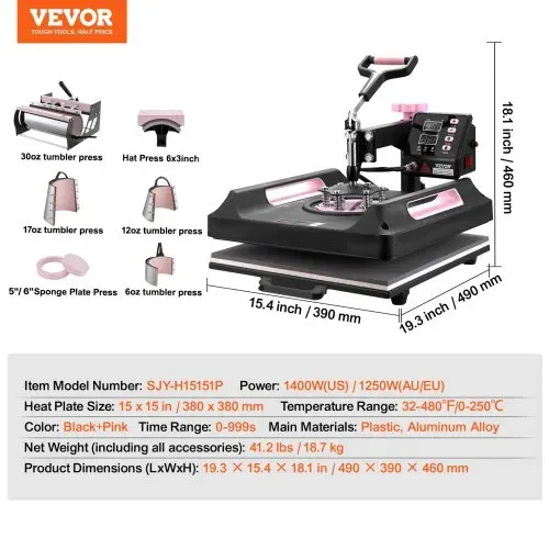 VEVOR 8-in-1-Hitzepresse 38 x 38 cm 850 g Tumbler-Presse T-Shirts Schwarz – Bild 6