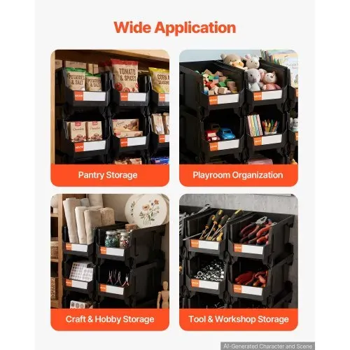 VEVOR Stapelboxen, 377 x 215 x 180 mm (6er-Pack), Lagerboxen, Sichtlagerboxen, Sichtlagerkasten zum Organisieren & Aufbewahren von Kleinteilen, Bürobedarf & anderem Zubehör, Schwarz – Bild 2