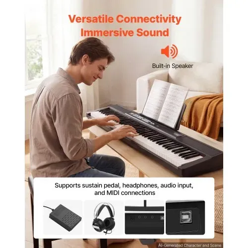 VEVOR Digitalpiano 88 Tasten Halbgewichtet E-Piano Elektronisches Keyboard Geeignet für Anfänger und Fortgeschrittene, 128 Klänge und Rhythmen, HiFi-Stereolautsprecher, Pedal, Notenablage, USB/MIDI – Bild 3