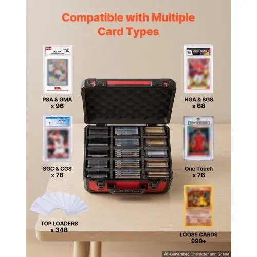 VEVOR Kartenaufbewahrungsbox für 96 PSA-Slab-Karten Karten-Sammelbox Rot, Geeignet für 76 SGC, 68 BGS, 347 Toploader oder über 999 Lose Karten, mit 3 Reihen, Tragegriff, 12 Trennfächern & Schlüsseln – Bild 2