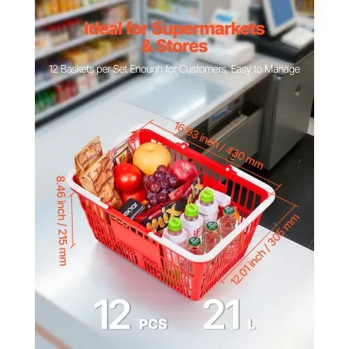 VEVOR Einkaufskorb, 12 Stk., 21 L, PE-Kunststoff-Tragekorb mit Griffen, Universalkorb, hält bis zu 9,07 kg, Picknickkorb für Lebensmittel, Einzelhandel, Geschäfte, Supermärkte, Heimgebrauch, rot – Bild 2