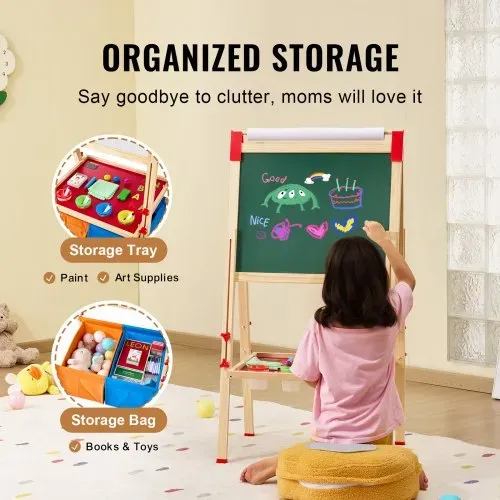 VEVOR Kunststaffelei für Kinder, 3-in-1-Kunststaffelei aus Holz, doppelseitig, mit magnetischem Whiteboard, Kreidetafel, Papierrolle, verstellbarem Zeichenbrett mit Malzubehör, für Kinder ab 3 Jahren – Bild 5