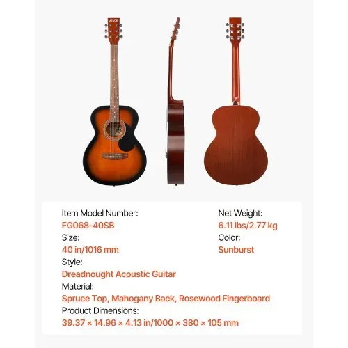 VEVOR Dreadnought Akustik Gitarre 40 in / 1016 mm Anfängerpaket Erwachsene Sunburst – Bild 6