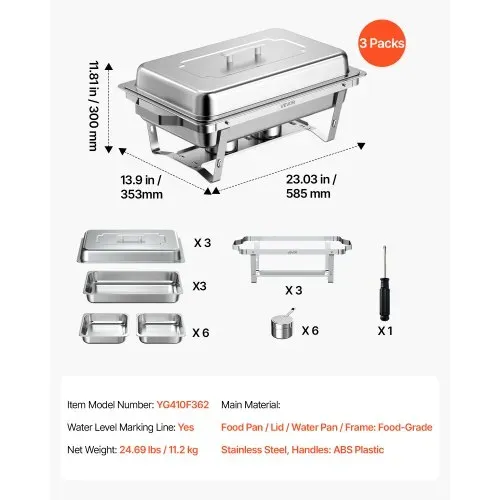 VEVOR Chafing Dish 3er-Set je 8,52 L Edelstahl Warmhaltebehälter für Buffets, Hochzeiten & Partys, Warme und Kalte Speisen Servieren, Brennstoffbehälter, 6 Behälter in Halber Größe, Faltbarer Ständer – Bild 6